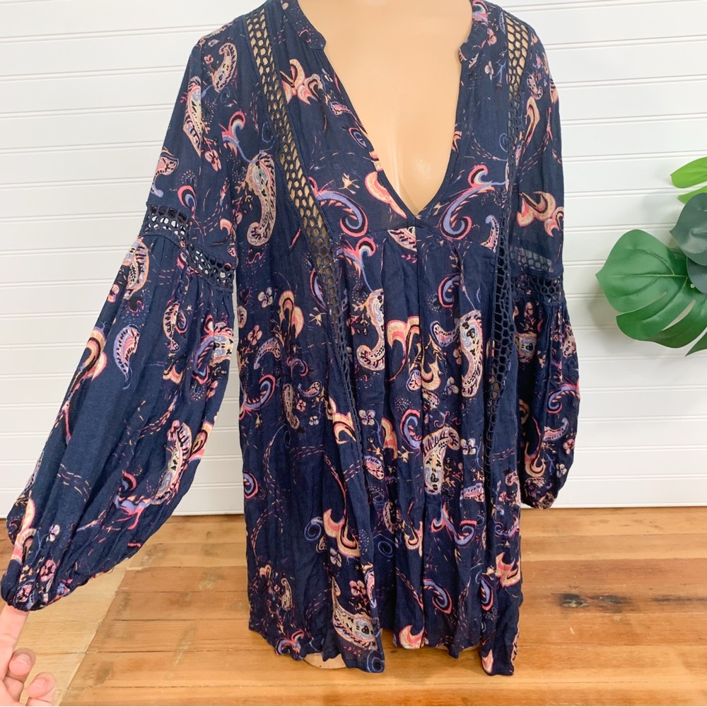 Free People Navy and Pink Paisley Blouse Tunic